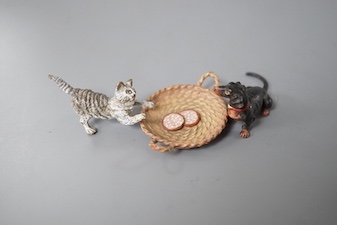 A cold painted bronze group of a Dachshund and a kitten 10cm